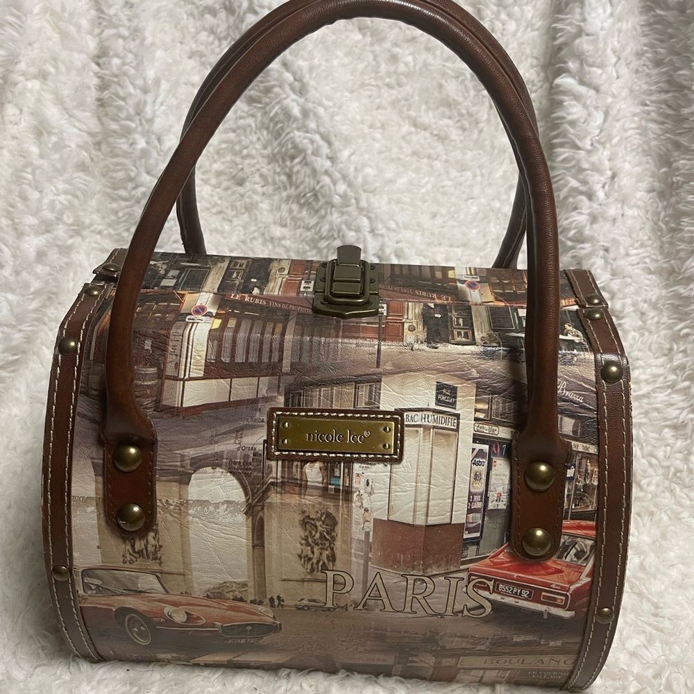 Nicole Lee  Paris Brown Architectural Medium Satchel bag brown synthetic straps.